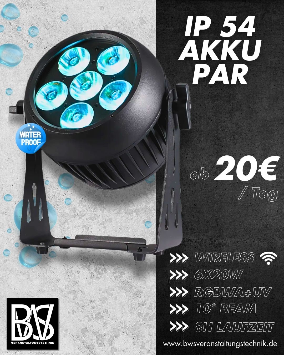 IP 54 Akku Par - Kabellose LED-Beleuchtung mit Akku-Betrieb